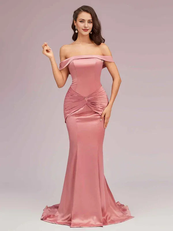 Robe de soirée longue en satin plissé, style sirène, épaules dénudées, sexy, avec traîne